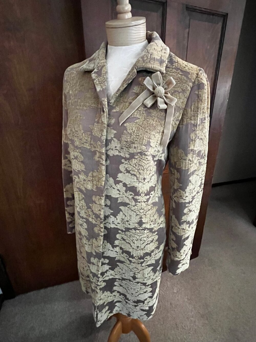 Elevenses Brocade Tapestry Long Coat with Flower Bow, Size S